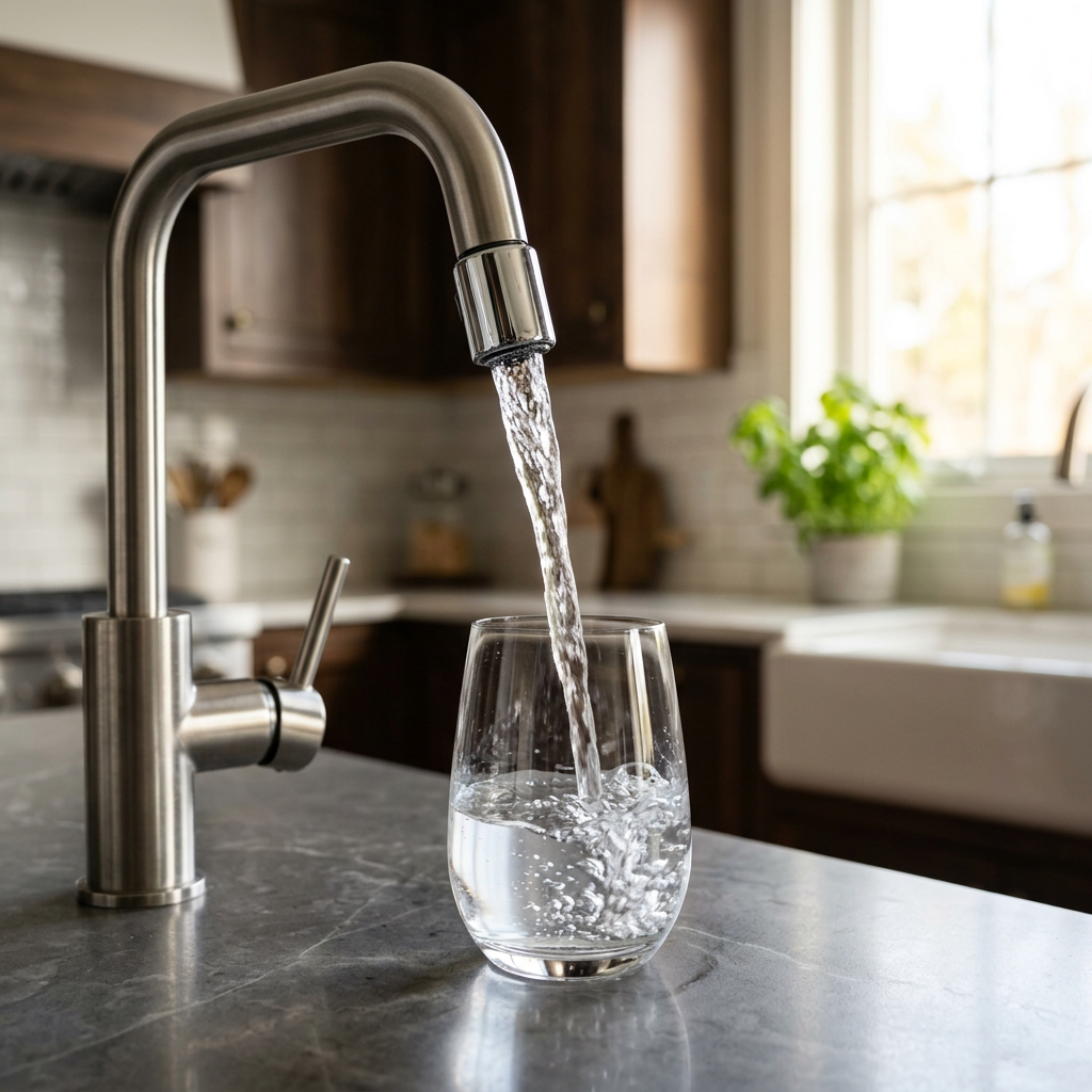 A cinematic close-up of crystal clear water pouring into a glass from a modern faucet, high-end kitchen background, soft natural lighting, 8k resolution