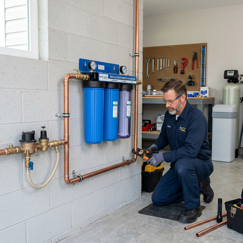 Professional installation of a blue 3-stage whole house water filtration system in a clean garage or utility room, realistic, high quality