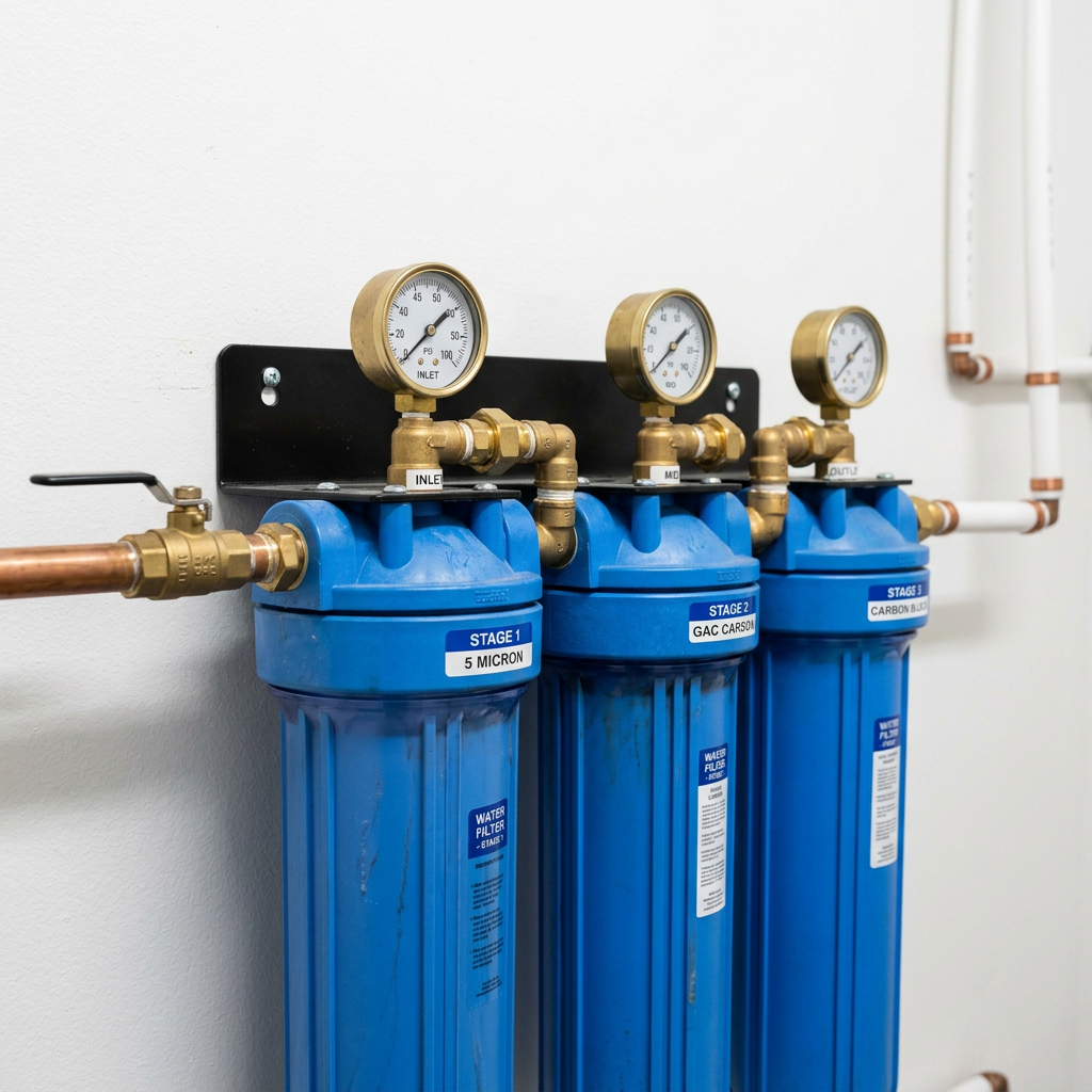 Close-up of a professional three-stage blue water filter housing unit installed against a clean white wall, showing high-quality brass fittings and pressure gauges.