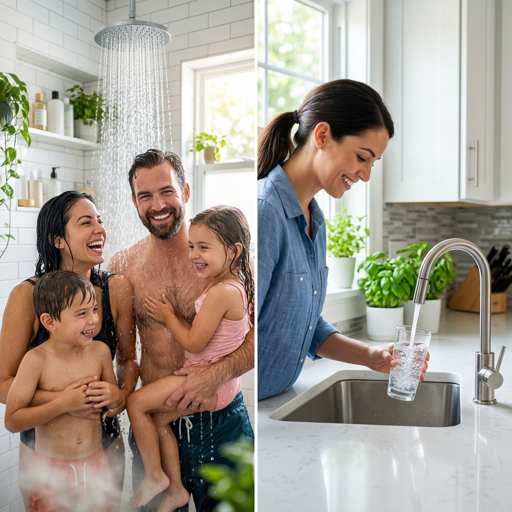 Split screen comparison: Left side showing a happy family showering in clean water, right side showing a person filling a glass of water from a dedicated kitchen tap, vibrant and healthy atmosphere