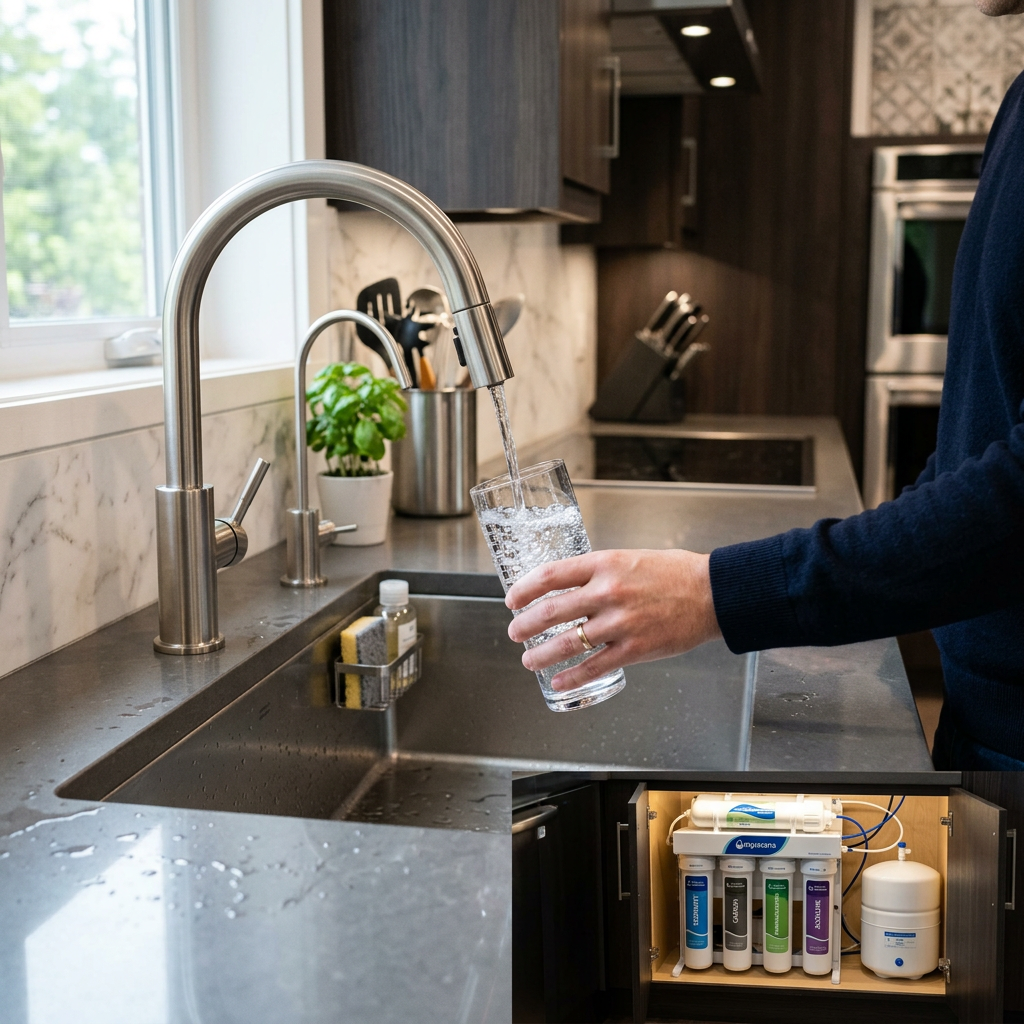 A sleek, modern kitchen featuring a high-end under-sink alkaline water filter system with a dedicated brushed nickel faucet pouring crisp, clear water into a glass.