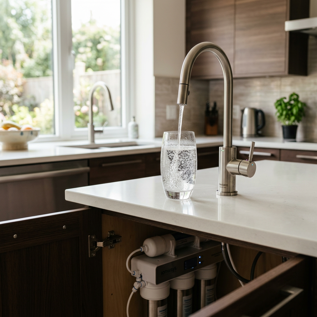 A sleek, modern kitchen setting with a designer glass of sparkling clear water sitting next to a high-end under-sink alkaline water filtration system faucet, soft natural lighting.