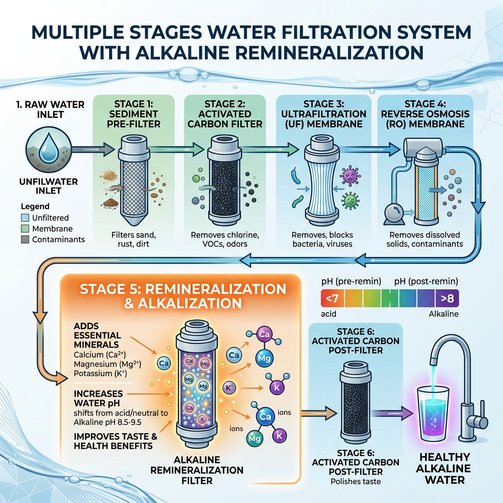 A detailed infographic diagram showing the multiple stages of a water filtration system, highlighting the remineralization stage where alkaline minerals are added.