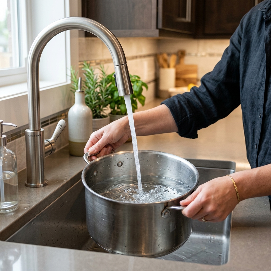 Close-up of a person filling a stainless steel pot with crystal clear water from a dedicated alkaline water tap in a luxury kitchen.