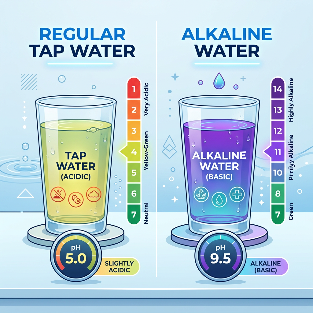 A side-by-side comparison infographic showing a glass of regular tap water with acidic indicators versus a glass of alkaline water with vibrant purple/blue pH indicators.