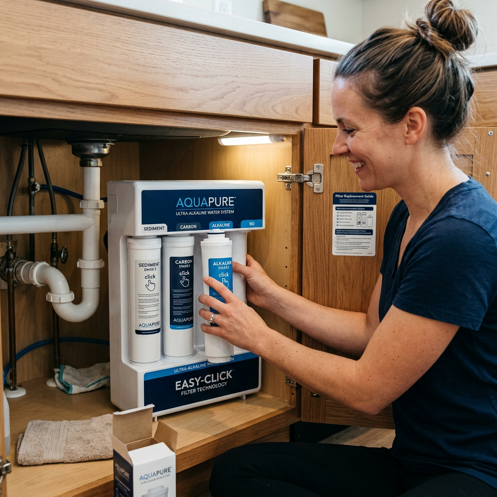 A person easily clicking a replacement filter cartridge into an under-sink alkaline water system, demonstrating the simple maintenance process.