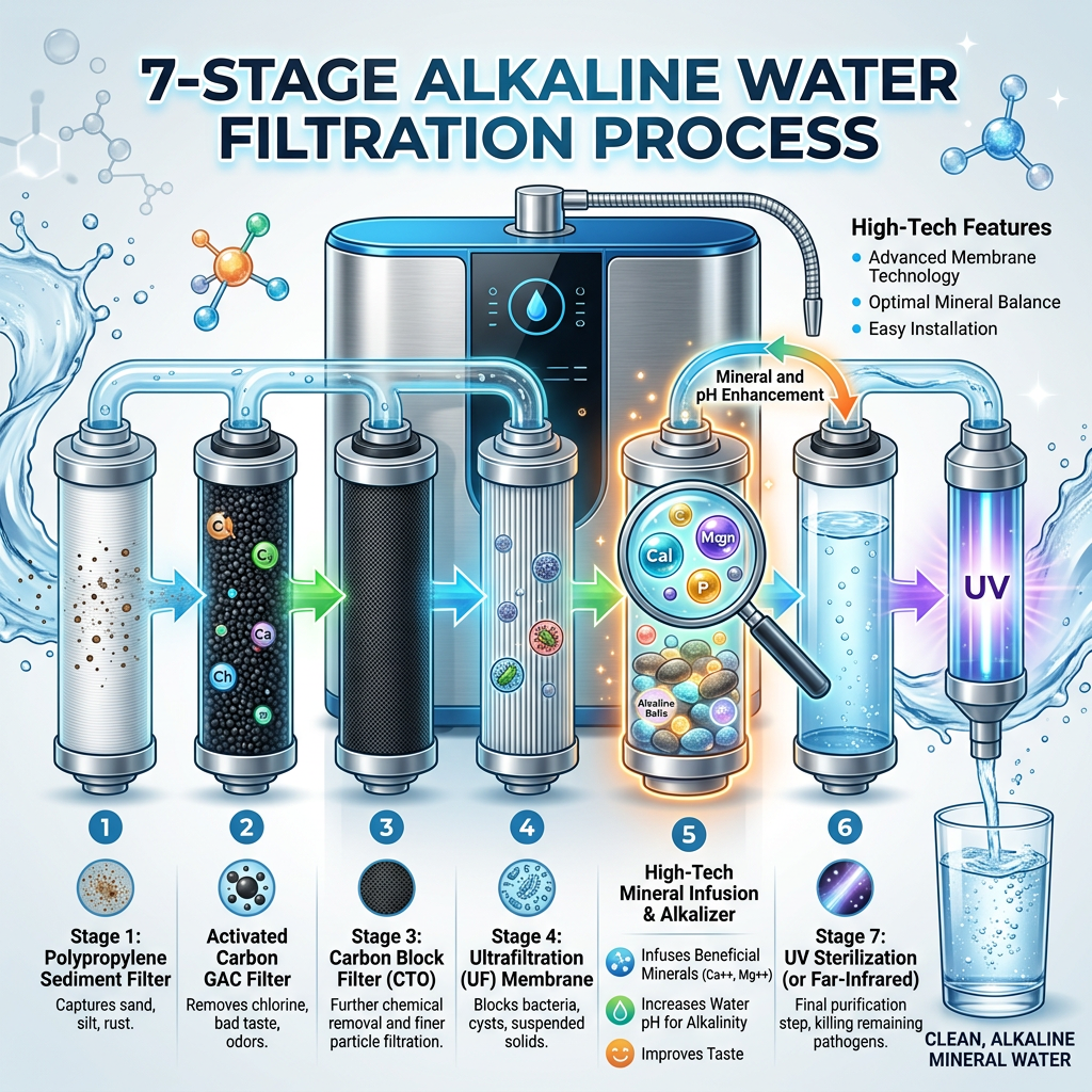 Infographic showing the 7-stage filtration process of a high-tech alkaline water filter, highlighting the mineral infusion stage.