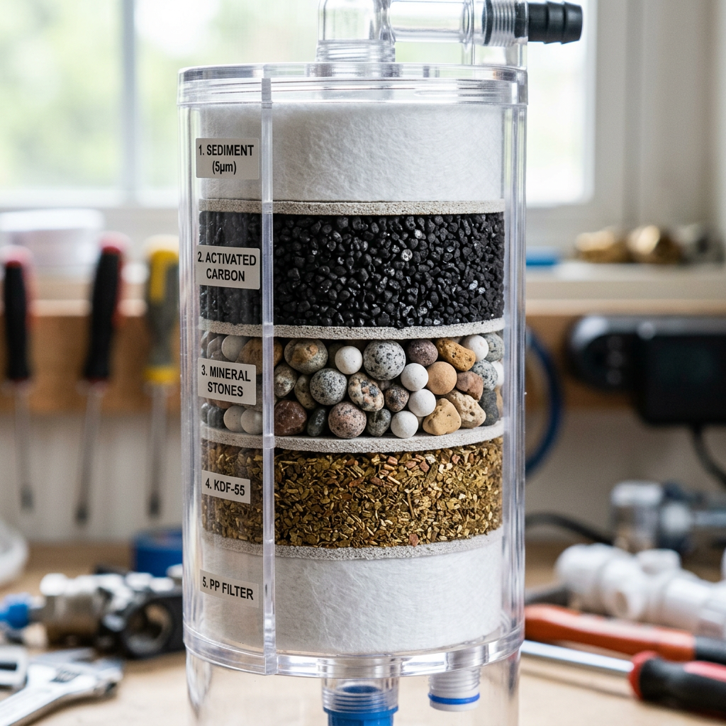A detailed close-up of a multi-stage water filtration cartridge showing the different layers of filtration media including activated carbon and mineral stones.