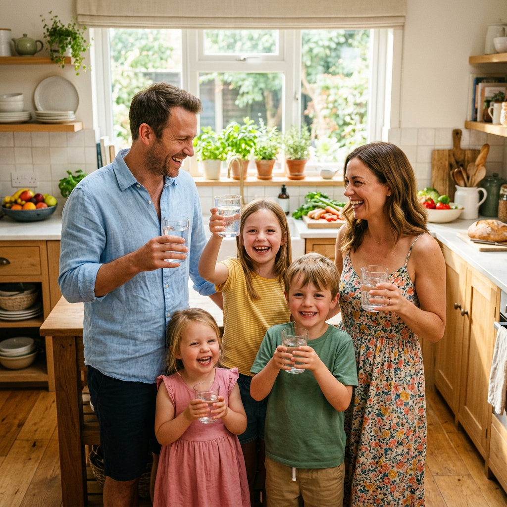 A happy, healthy family in a sun-drenched kitchen, with the parents and children all holding glasses of clear water, smiling.