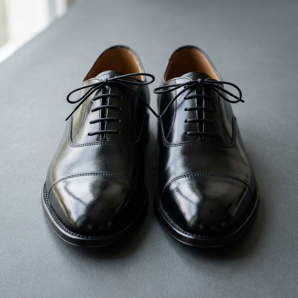 A cinematic close-up of a pair of high-quality, polished black leather Oxford shoes on a minimalist grey background, showcasing the fine stitching and reflective surface.