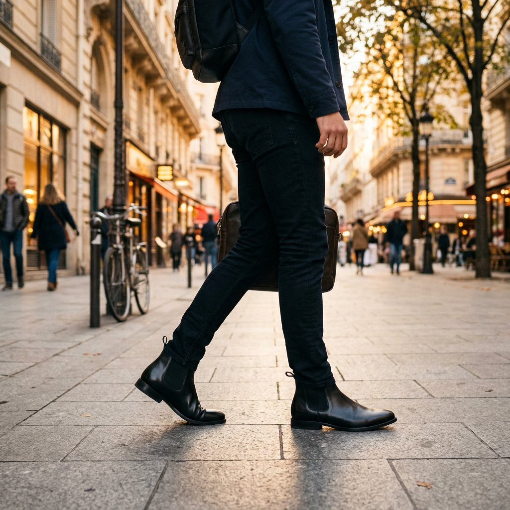 A lifestyle shot of a person wearing sleek black Chelsea boots with slim-fit dark trousers, walking on a clean city sidewalk during golden hour.