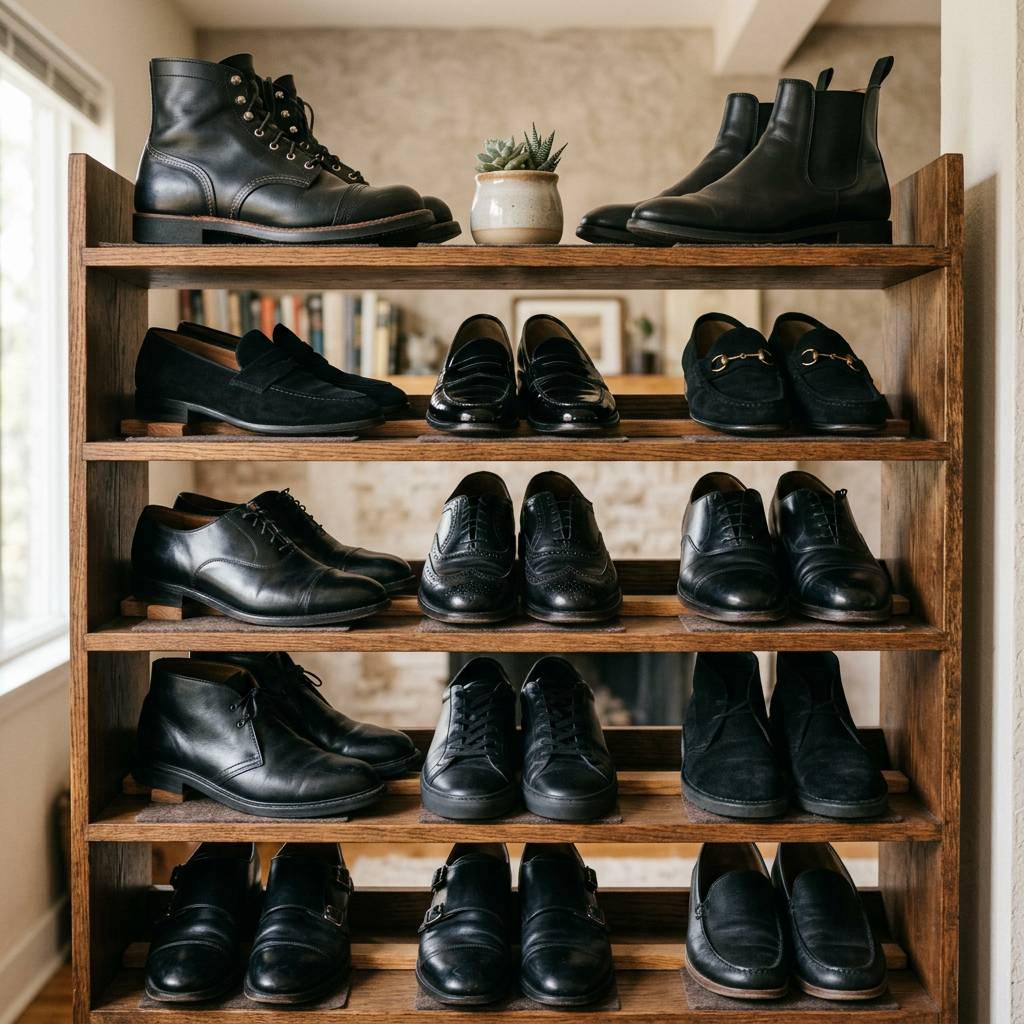 An organized wooden shelf displaying various styles of black shoes, including boots, loafers, and oxfords, with soft lighting highlighting the different textures of leather and suede.