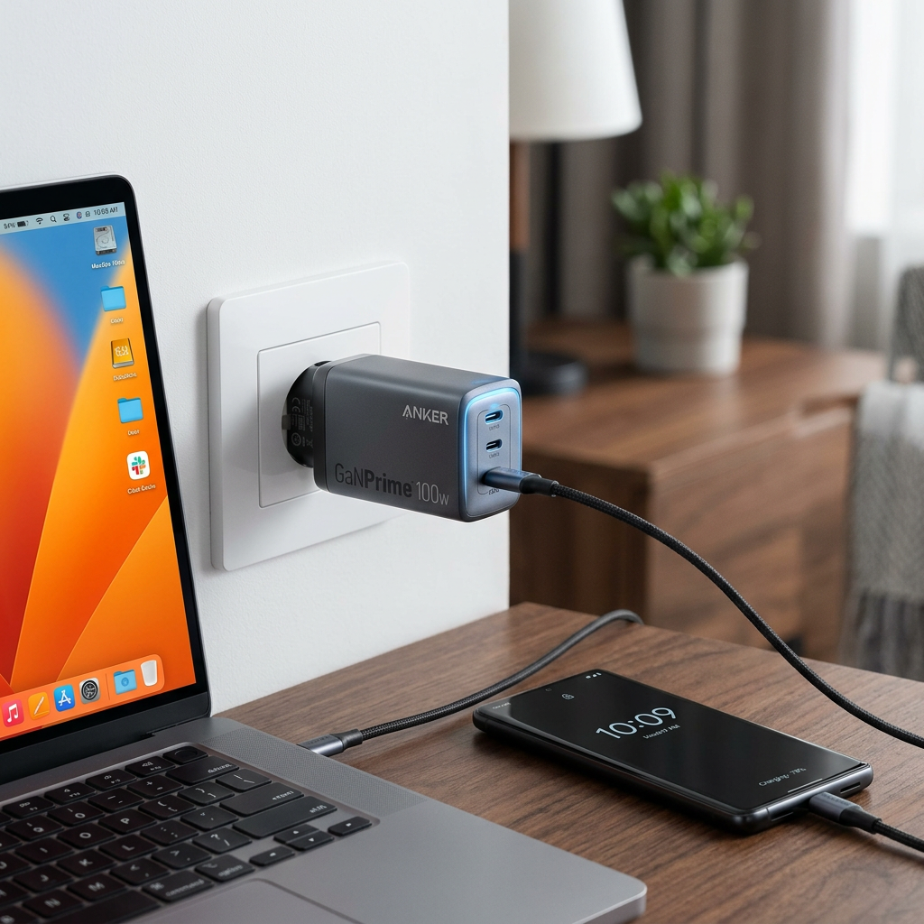 A sleek, high-tech close-up of an Anker GaN charger plugged into a modern minimalist wall outlet, glowing subtly with blue light, surrounded by a high-end laptop and smartphone.