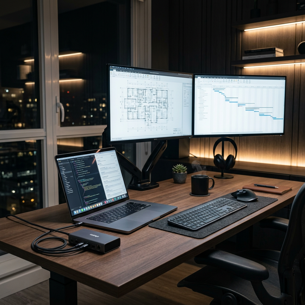 A clean, minimalist high-end home office setup featuring a sleek laptop connected to a professional docking station with a single cable, multiple monitors in the background, cinematic lighting, 8k resolution