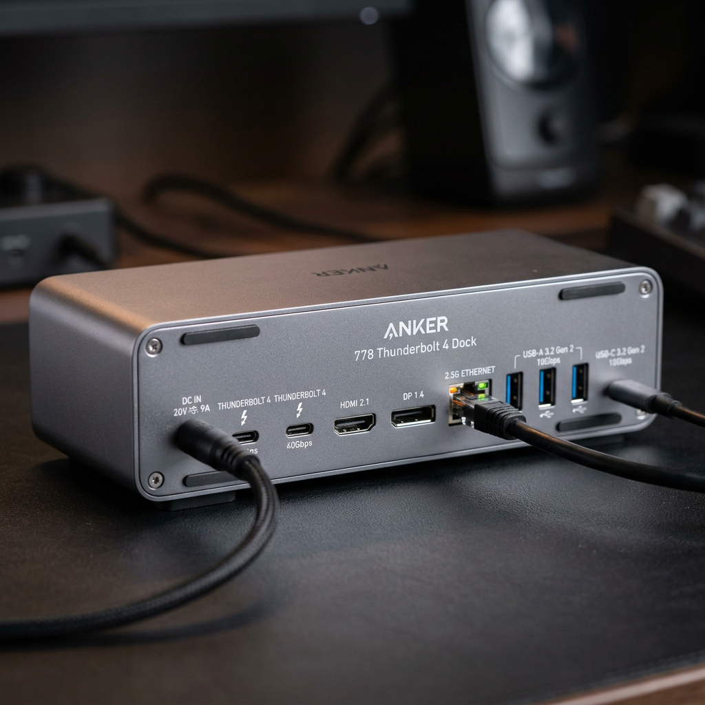 Close up of a sleek grey Anker 778 Thunderbolt 4 dock showing multiple ports on the back, professional studio photography, metallic texture
