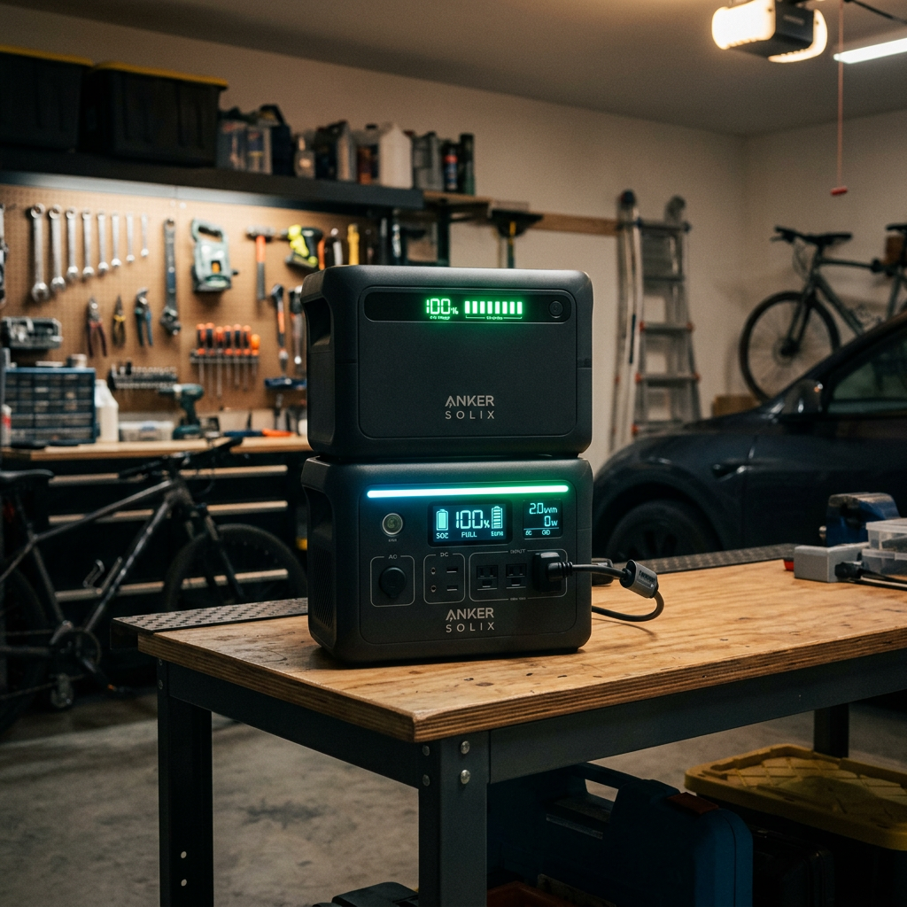 A cinematic shot of an Anker SOLIX BP2000 expansion battery stacked neatly with an Anker F2000 power station in a modern garage setting, glowing LED indicators showing full charge.