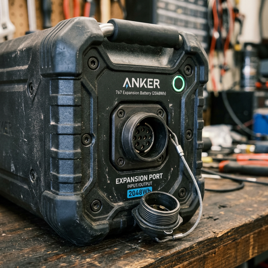 Close-up detailed view of the durable exterior and heavy-duty connection port of the Anker BP2000 battery, emphasizing rugged build quality.