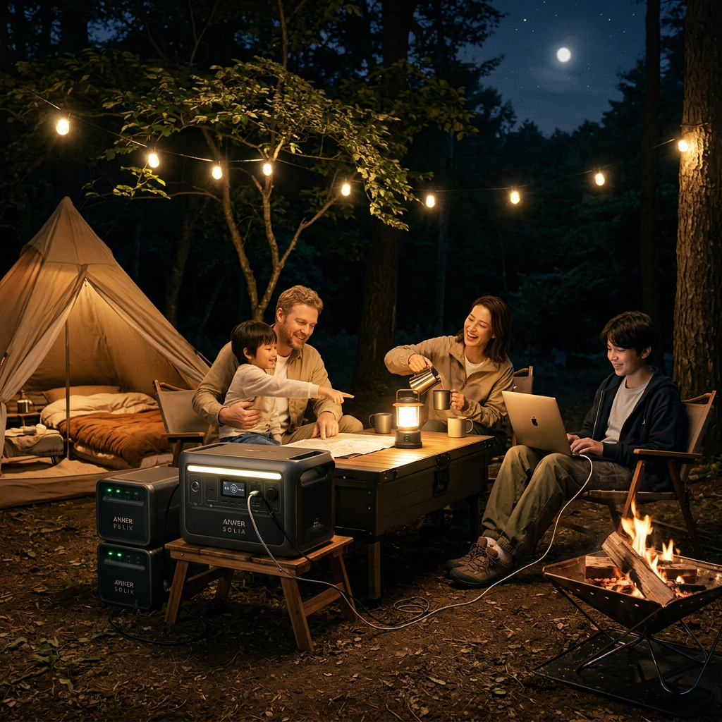 An outdoor lifestyle photograph of a family enjoying a brightly lit campsite at night, powered by an Anker SOLIX system, showing the comfort and security of extra battery capacity.
