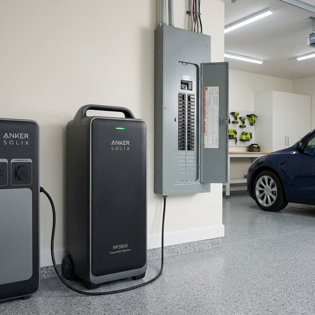 A sleek, futuristic Anker SOLIX BP3800 expansion battery standing next to a home electrical panel in a modern, well-lit garage, showcasing its minimalist design and premium build quality.