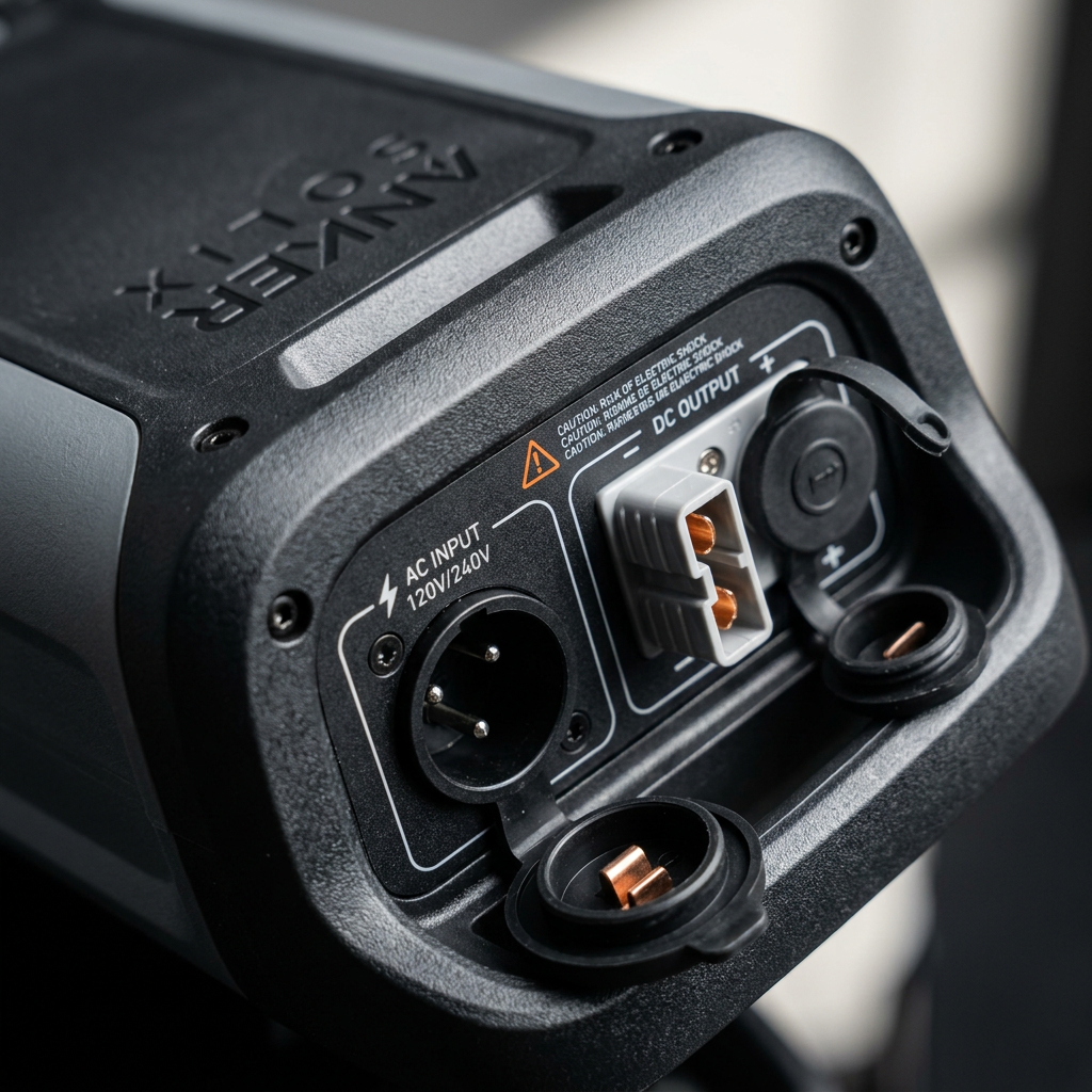 Close-up macro shot of the durable casing and high-quality connection ports of the Anker SOLIX BP3800, highlighting the industrial design and safety features.