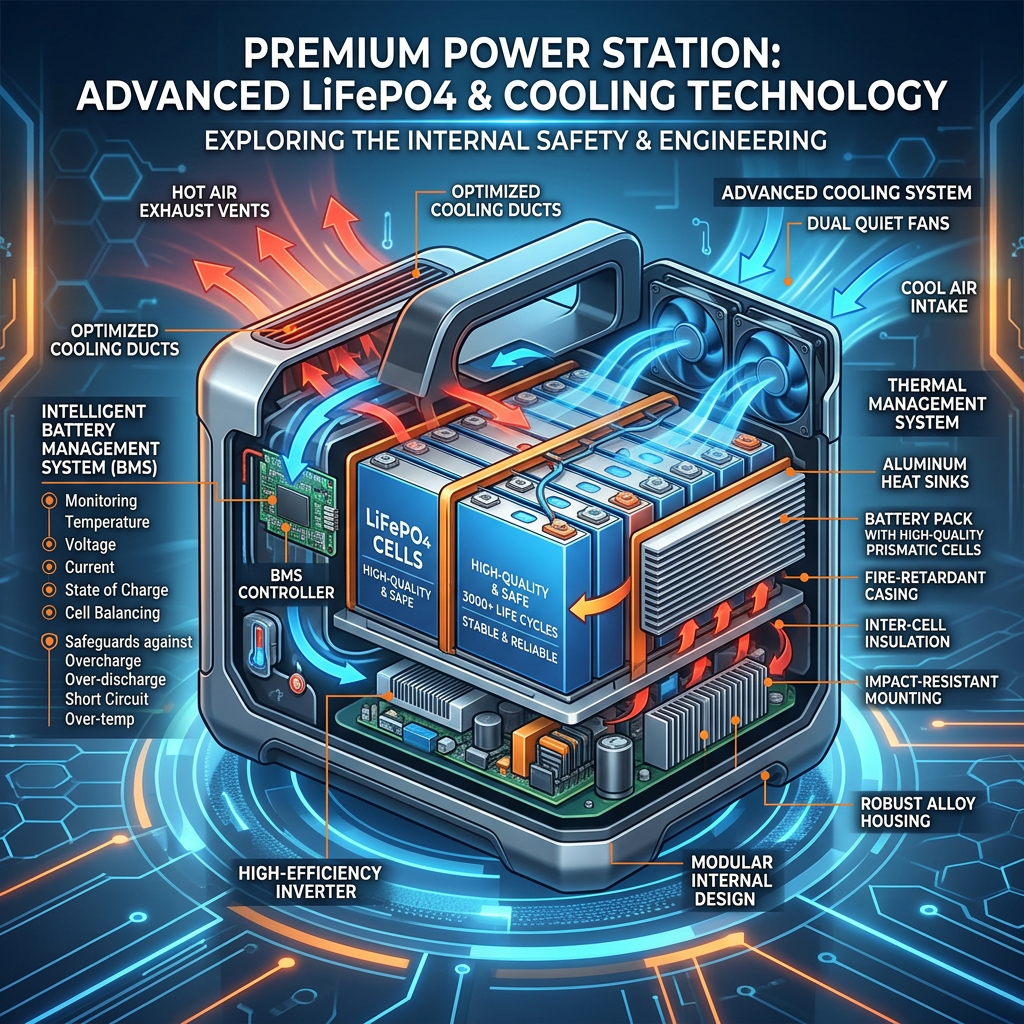 An infographic-style image showing the internal cooling system and high-quality LiFePO4 battery cells of a premium power station, emphasizing safety and technology.