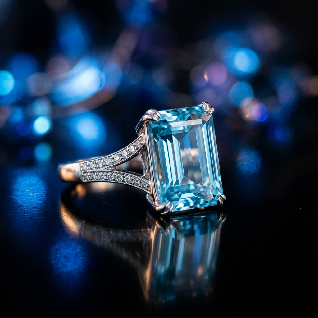 A cinematic, close-up shot of a high-end emerald-cut aquamarine ring set in polished platinum, resting on a reflective dark surface with soft blue bokeh lighting.