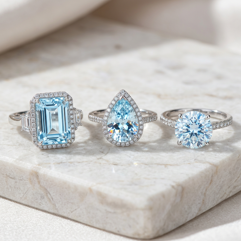 A professional jewelry photography spread showing three different aquamarine rings in emerald, pear, and round cuts, highlighting the clarity and light refraction.