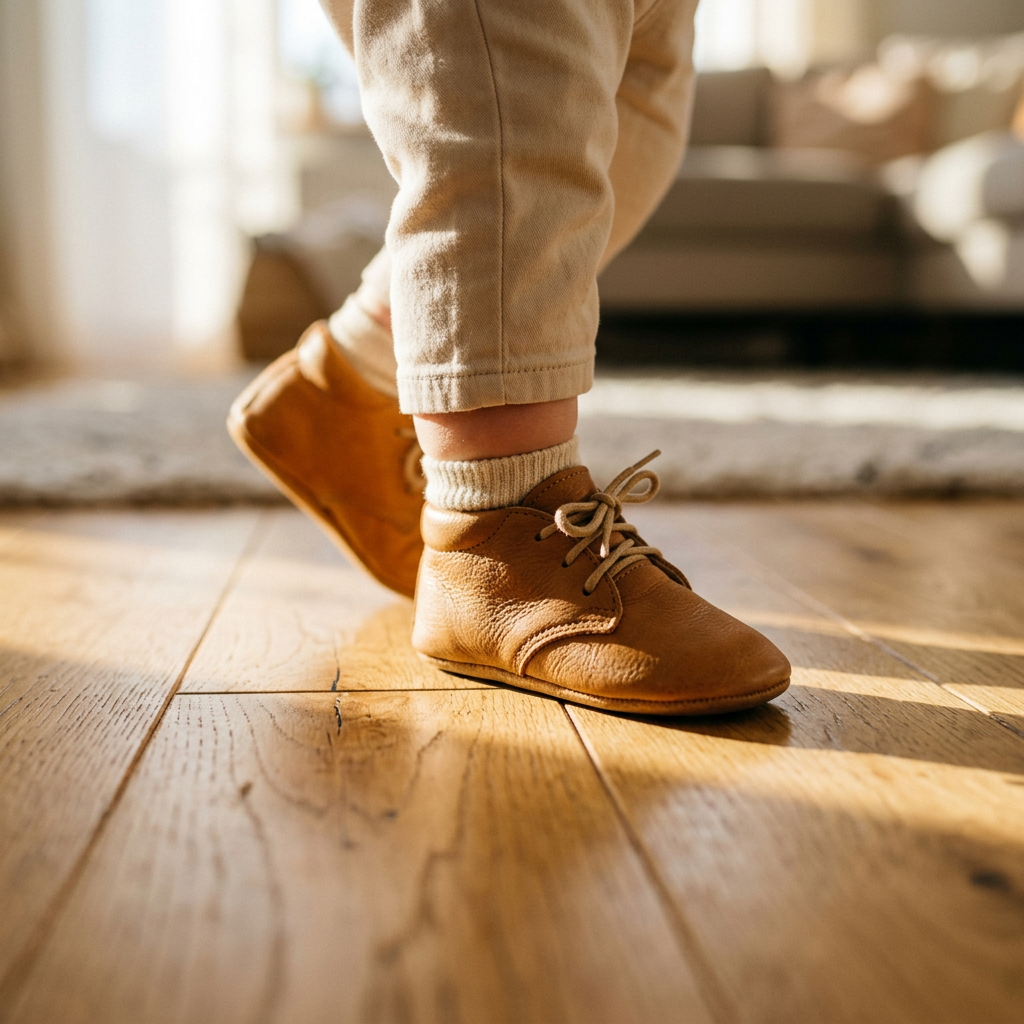 A cinematic close-up of a baby's feet in soft, high-quality leather shoes taking a step on a clean, sunlit wooden floor, shallow depth of field.