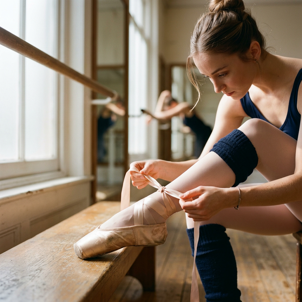 A cinematic, close-up shot of a professional dancer tying the ribbons of a high-quality ballet shoe in a sunlit studio, soft focus background, elegant and professional.