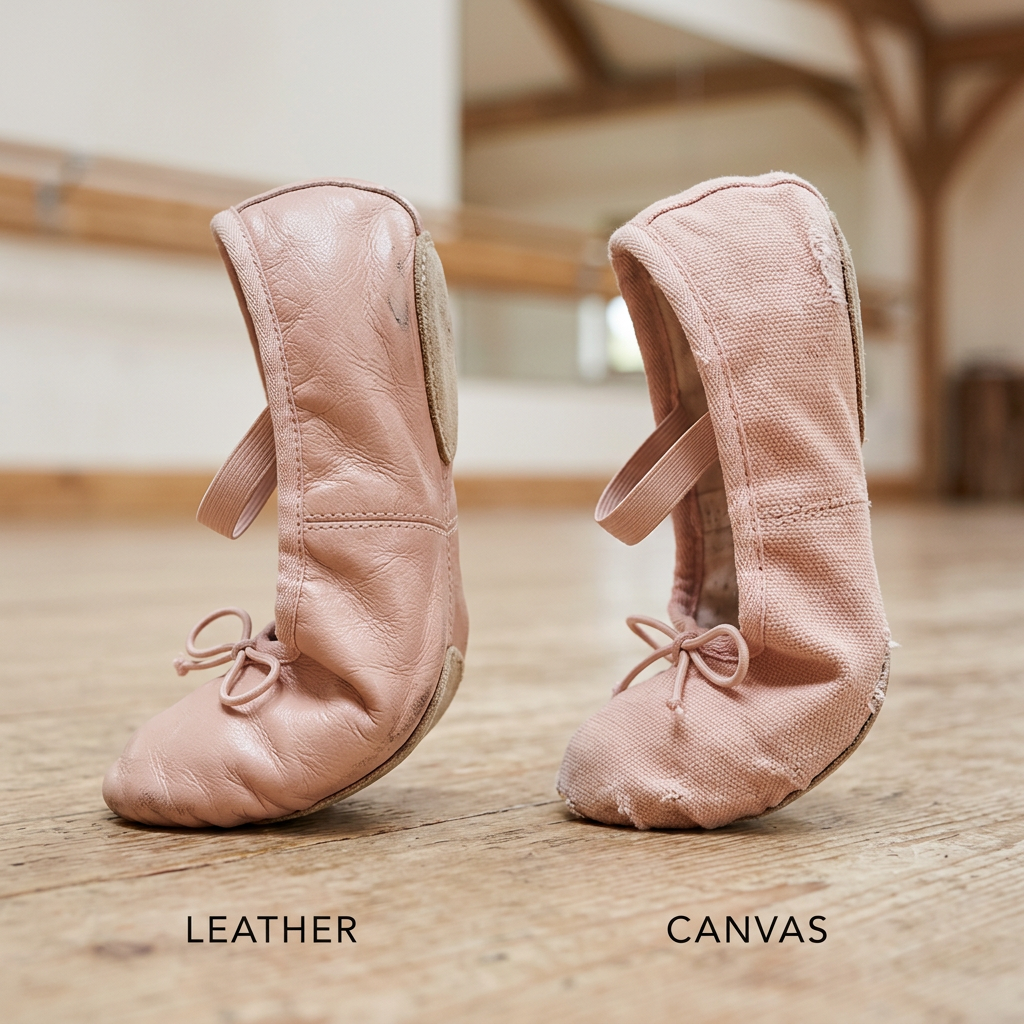 Side-by-side comparison of a leather ballet shoe and a canvas ballet shoe, showing the texture and flexibility difference, studio lighting.