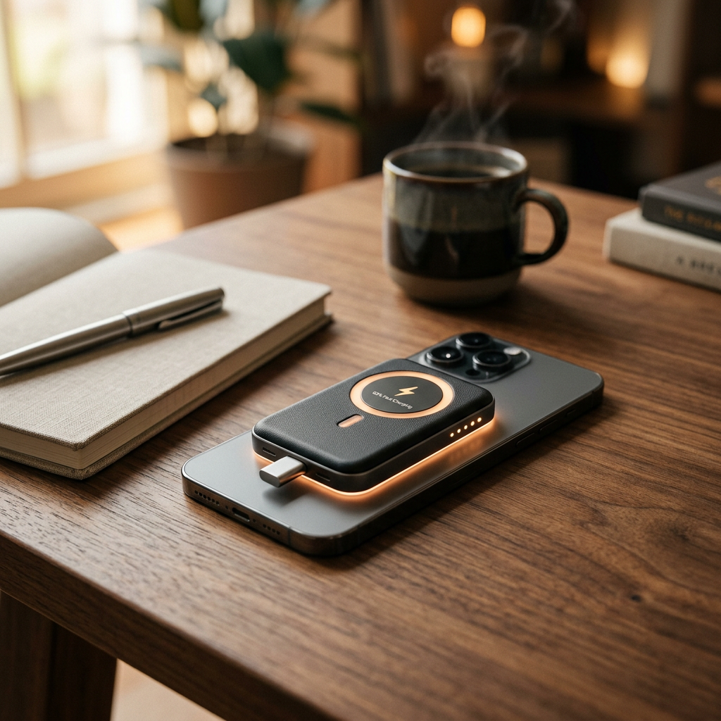A sleek, modern smartphone with a premium magnetic power bank attached to the back, glowing subtly to indicate fast charging, set on a minimalist wooden desk with soft cinematic lighting.