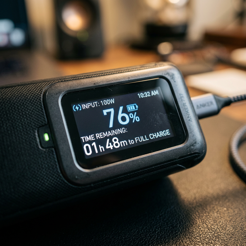 Close-up of a smart LCD screen on the side of a power bank showing battery percentage and time remaining to full charge, high-tech aesthetic, macro photography.