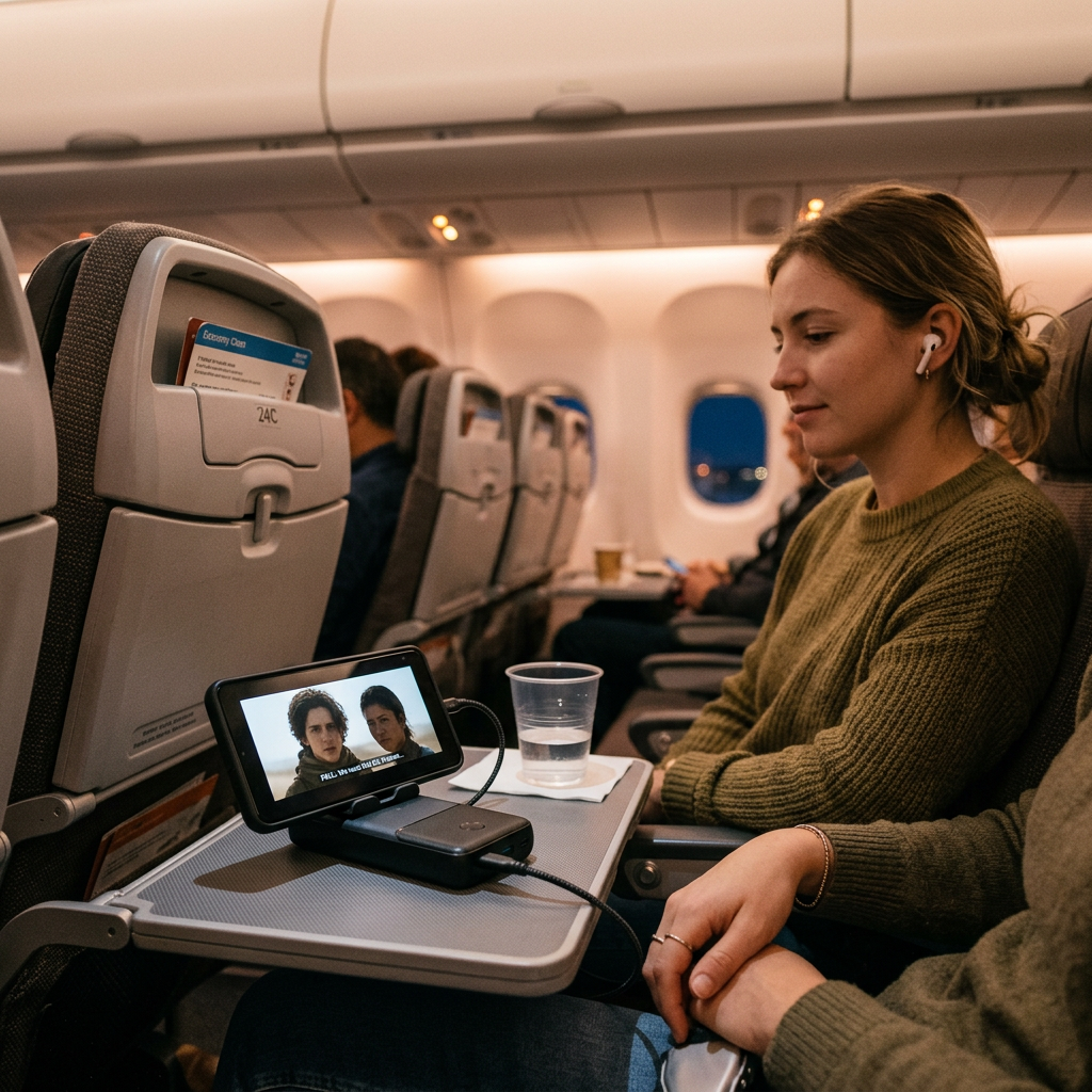 A traveler using a smartphone propped up by a power bank kickstand on an airplane tray table, showing a movie on the screen, soft cabin lighting.