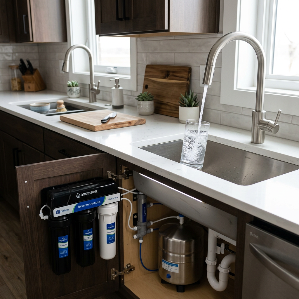 A sleek, modern under-sink reverse osmosis water filtration system in a contemporary kitchen, showcasing a dedicated designer faucet pouring crystal clear water into a glass, high-end photography style.