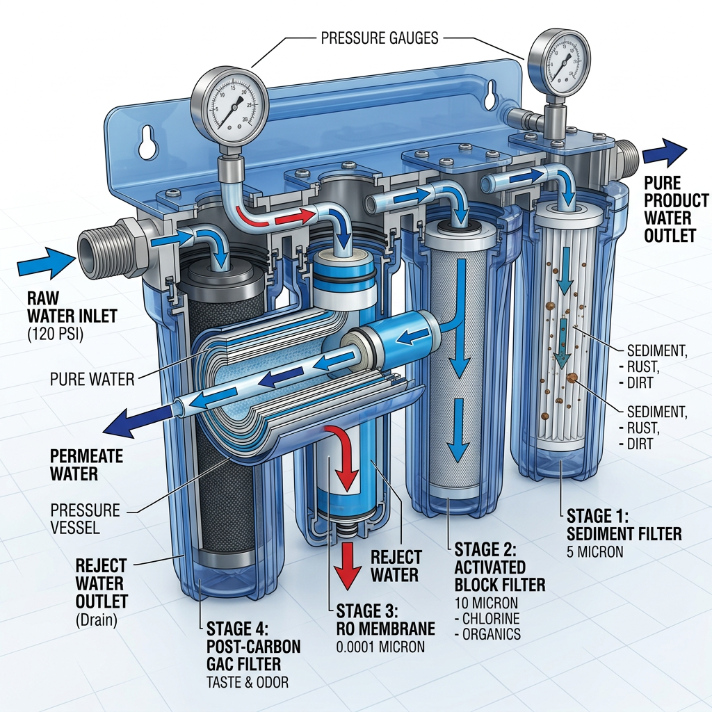 A 3D cross-section diagram of a multi-stage reverse osmosis filter showing water passing through sediment, carbon, and RO membranes with clear labels.
