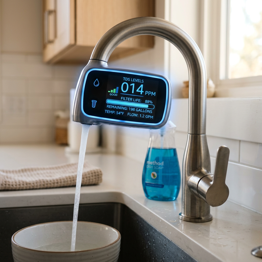 A close-up of a digital smart faucet showing TDS levels and filter life indicators, glowing with a soft blue light in a clean kitchen setting.