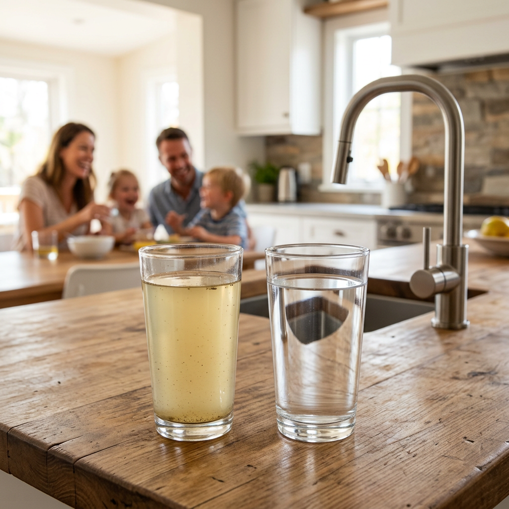 A comparison shot of two glasses of water, one murky and one crystal clear, with a modern sleek RO faucet in the background and a happy family blurred in the distance.