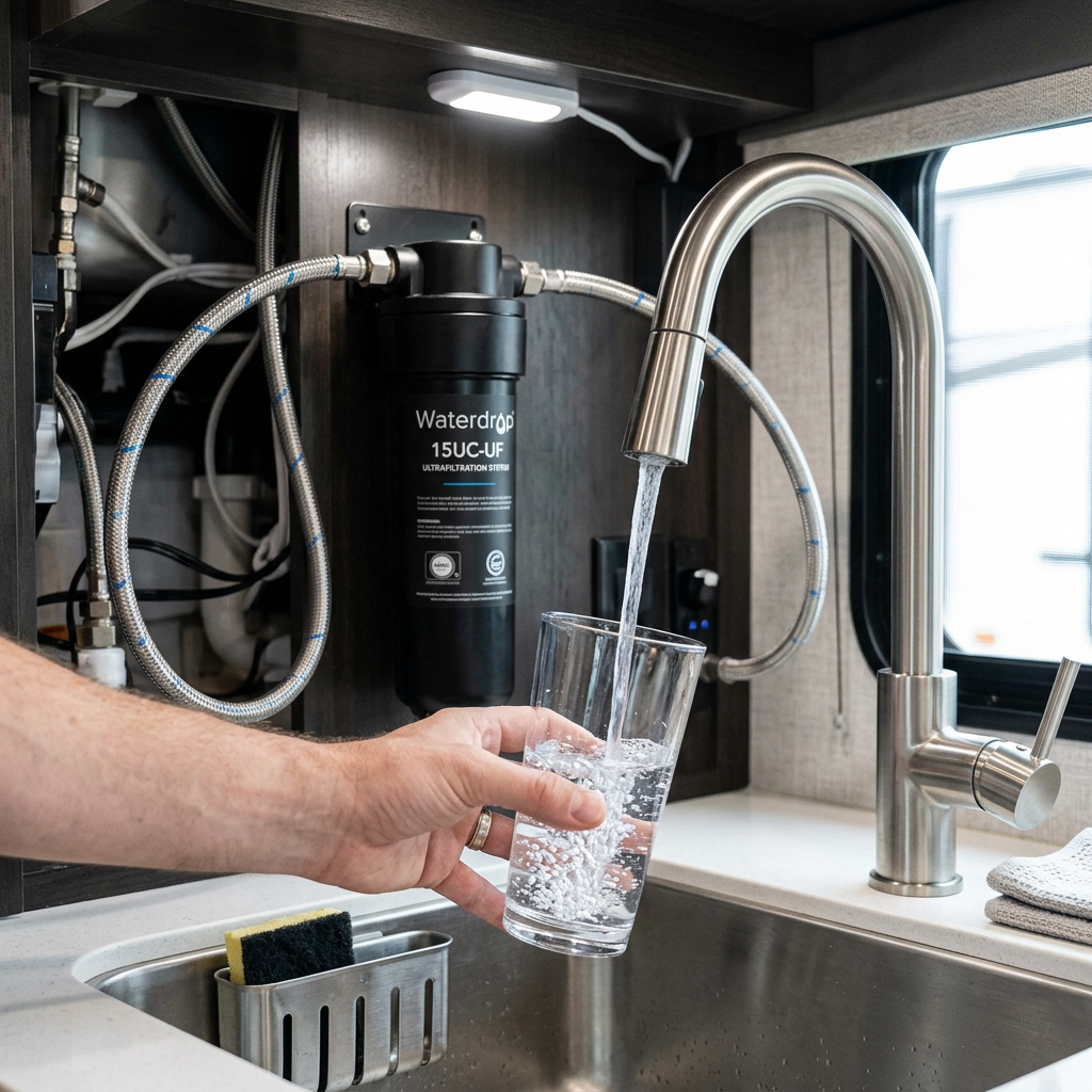 Close-up high-tech shot of a Waterdrop 15UC-UF filter installed under a modern RV sink, showing clean water being poured into a crystal clear glass.