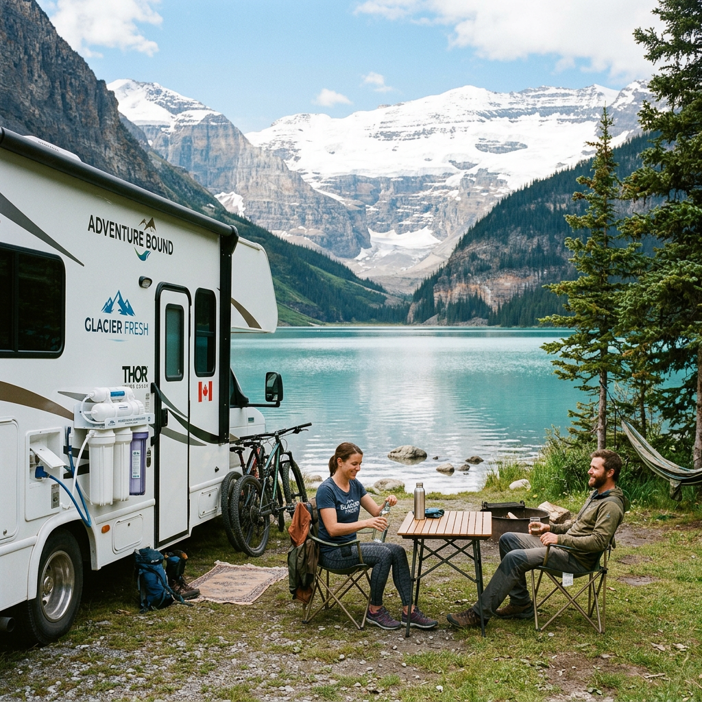 An RV parked by a mountain lake with a GLACIER FRESH water filter system visible, emphasizing clean living and outdoor adventure.