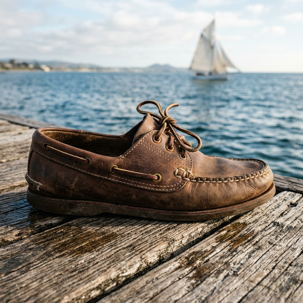 A close-up, cinematic shot of a premium leather boat shoe resting on a weathered wooden dock, with the ocean and a sailboat blurred in the background. Highlighting the texture of the leather and the hand-stitched details.