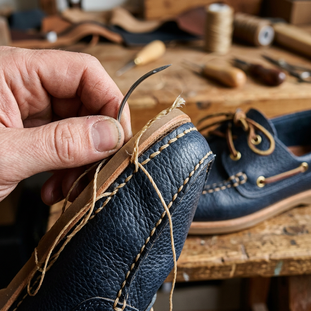 Macro photography of a hand-stitching process on a navy blue leather boat shoe, showing the thick waxed thread and the rich texture of the grain.
