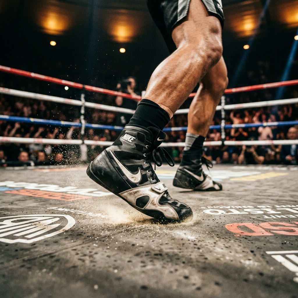 A cinematic, low-angle shot of a professional boxer's feet in high-quality boxing shoes, mid-pivot on a textured canvas ring, dust particles catching the light, symbolizing power and stability.