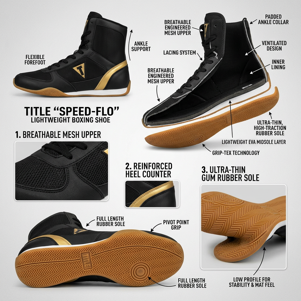 A high-detail studio shot of a boxing shoe dissected or shown from multiple angles, highlighting the thin rubber sole and breathable mesh texture.