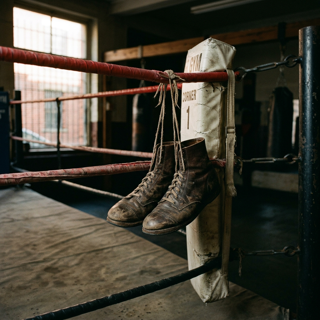 An atmospheric shot of a pair of well-worn boxing shoes hanging over the corner of a boxing ring, soft morning light hitting the leather, representing the dedication of a fighter.
