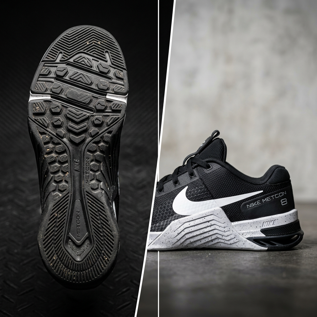 A split-screen style image showing the bottom traction pattern of an athletic trainer on one side and the stylish side profile on the other, professional studio lighting, 8k resolution.