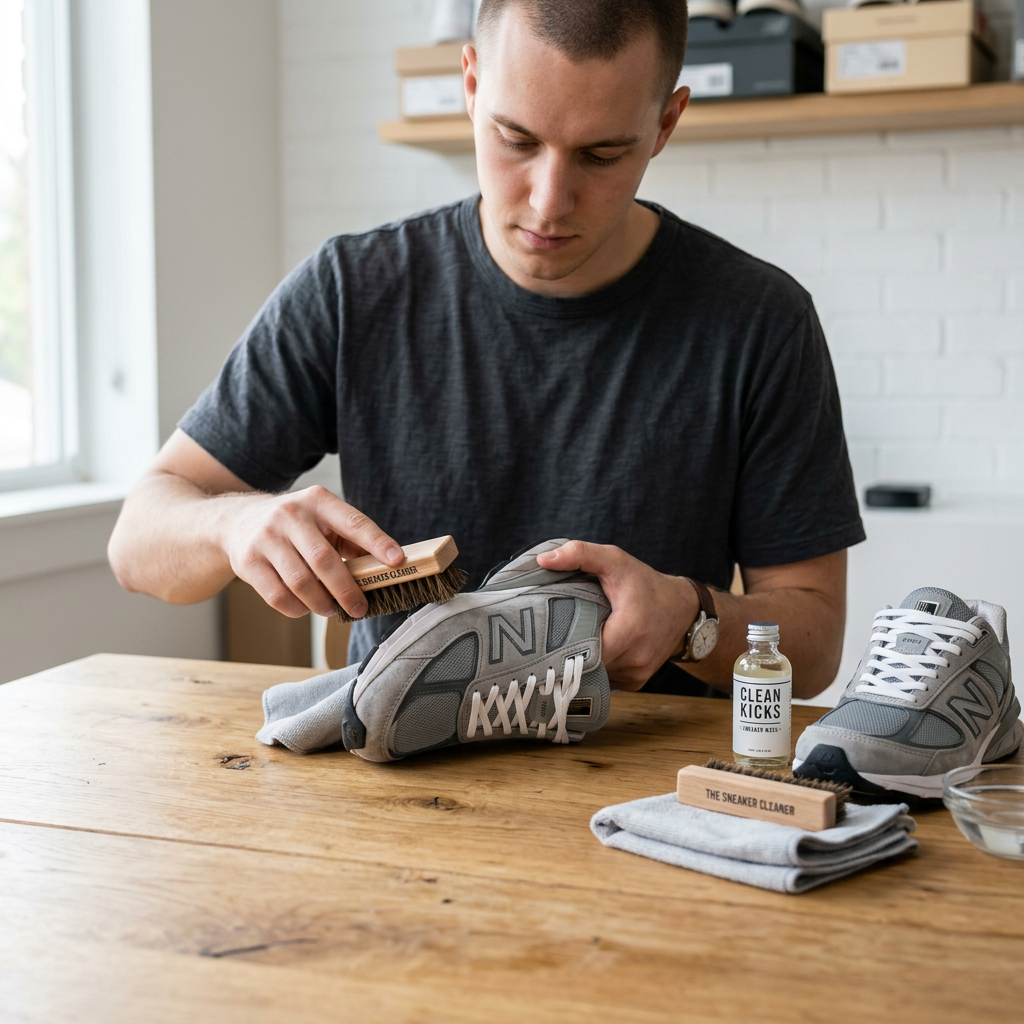 A clean, minimalist shot of a sneaker enthusiast carefully cleaning a pair of high-end athletic shoes with a professional brush and microfiber cloth on a wooden table.