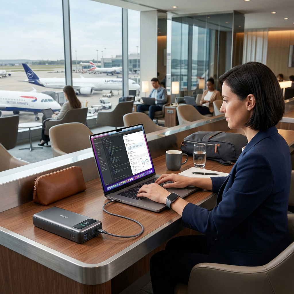 A sleek, professional workspace in a modern airport lounge with a high-end laptop connected to a premium metallic power bank. The atmosphere is productive and high-tech.