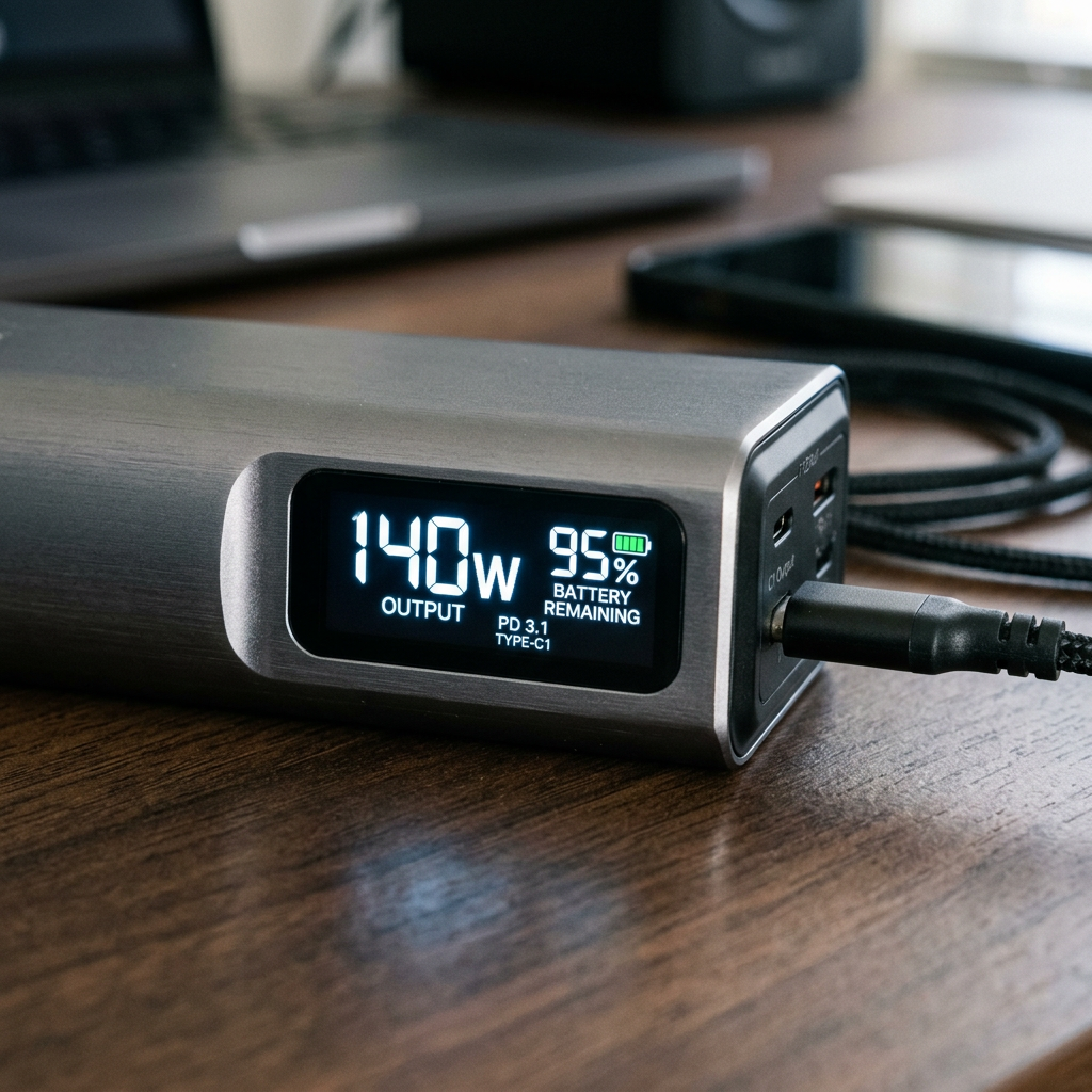 Close-up of a digital display on a power bank showing 140W output and 95% battery remaining, sleek metallic casing, high-tech aesthetic.