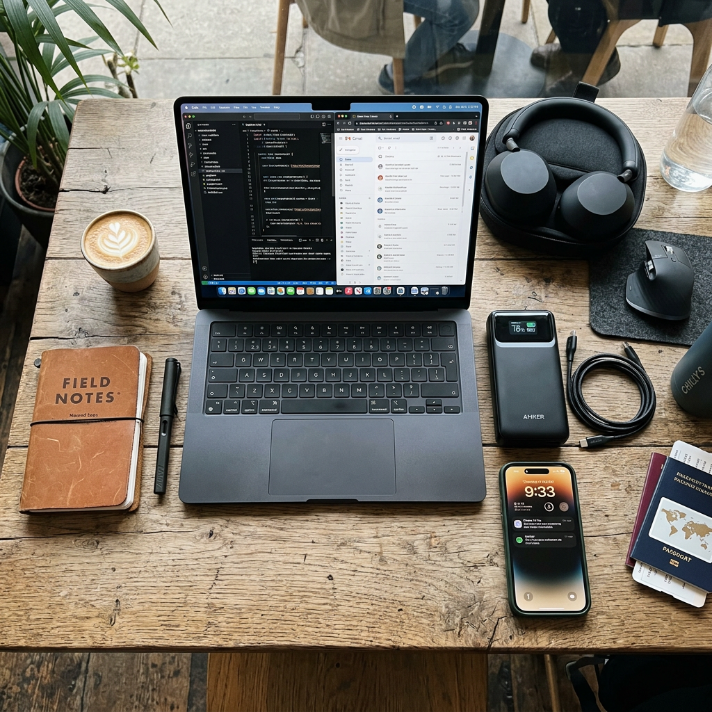 A top-down shot of a digital nomad's gear including a high-end laptop, a smartphone, and the Anker Prime power bank, all neatly organized on a wooden table.