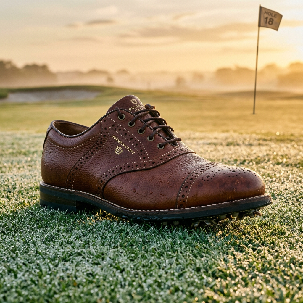 A cinematic close-up of a premium leather golf shoe resting on a pristine, dew-covered green at sunrise, emphasizing texture and professional craftsmanship.